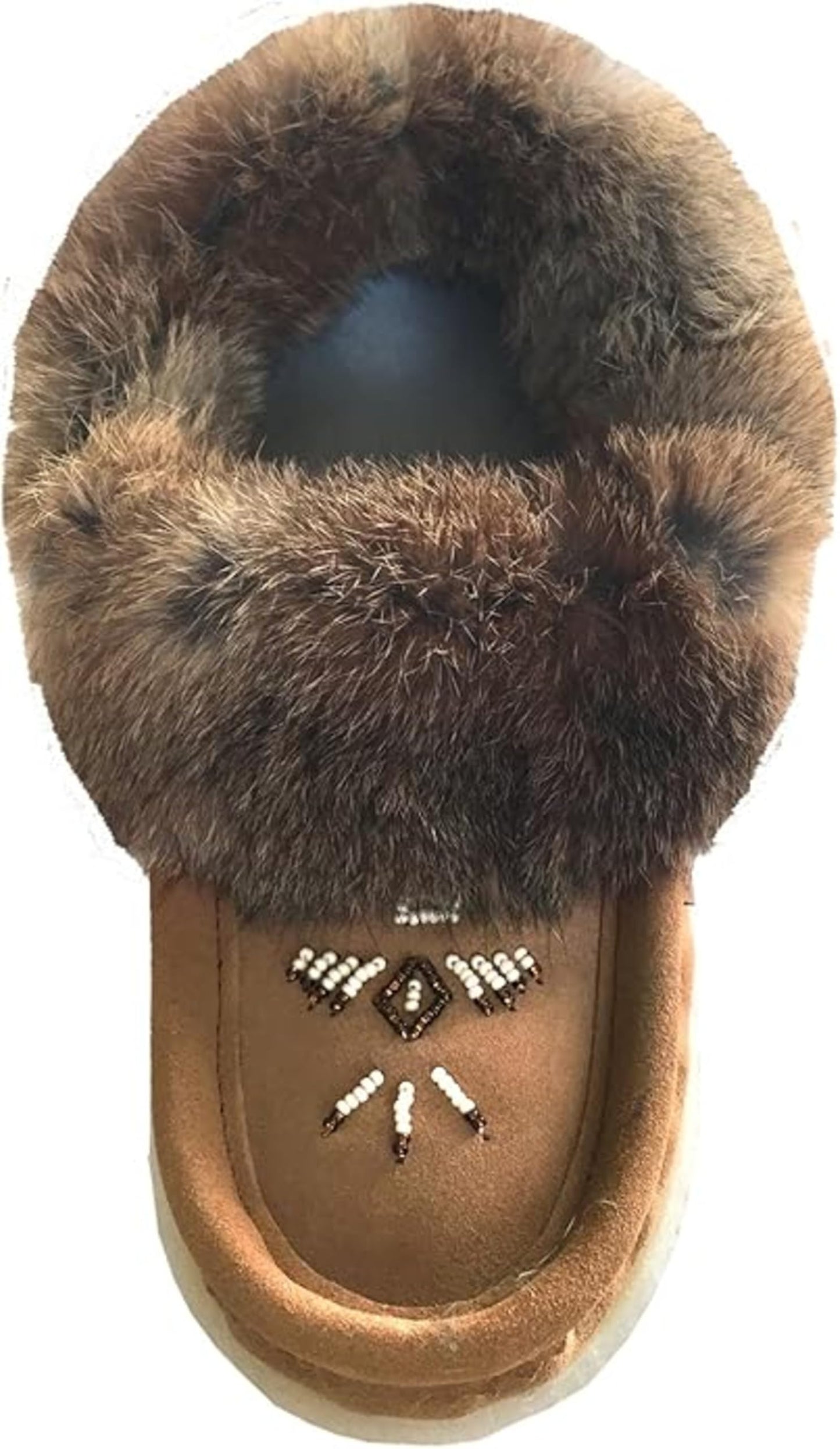 Laurentian Chief Women's Suede Slippers with Rabbit Fur Collar Moccasins