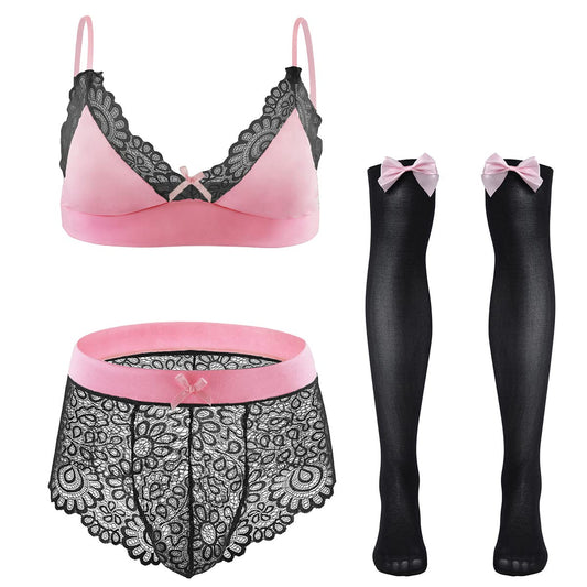 ABAFIP Men Sissy Underwear Floral Lace Bra Bikini Panties Bowknot Stockings 3 Piece Nightwear Sleepwear set Black + Pink 3X-Large