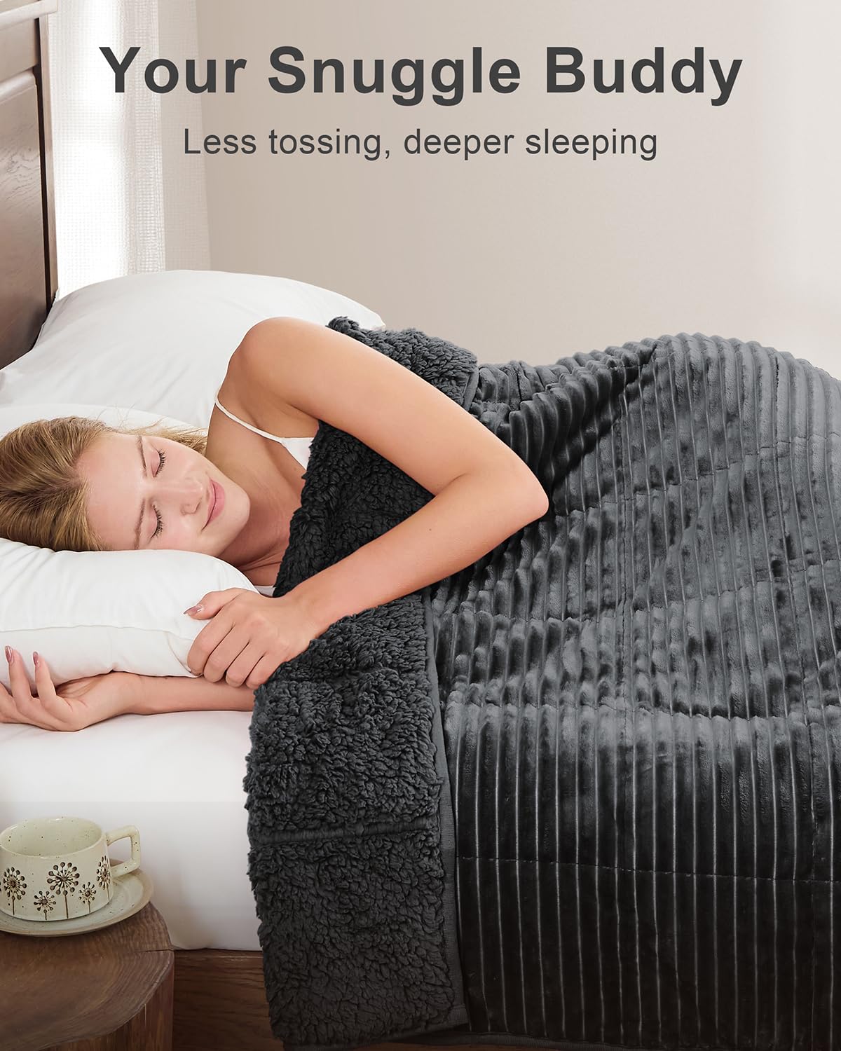 Sherpa Fleece Adult Weighted Blanket with Ribbed Stripes, 15 Pounds Dual Sided Soft Plush Blanket for Couch Bed Sofa, Heavy Thick Blankets with Ceramic Beads Great for Sleep, Dark Grey, 48" x 72"