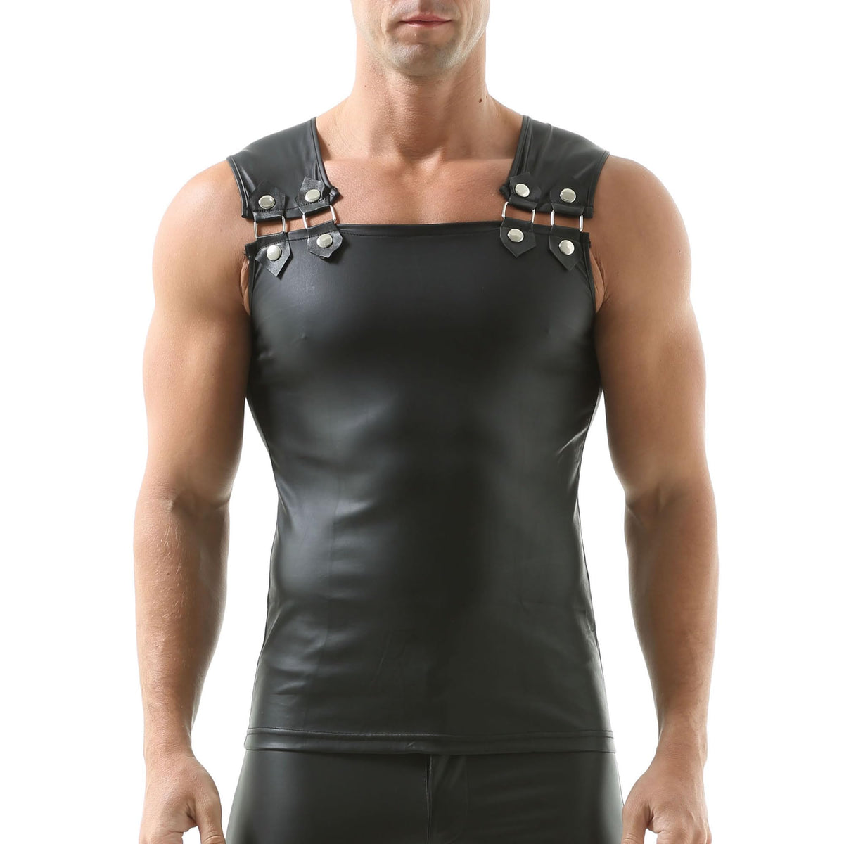 Men's Faux Leather Vest Sleeveless Undershirt Wet Look Tank Top Shirt Clubwear Black