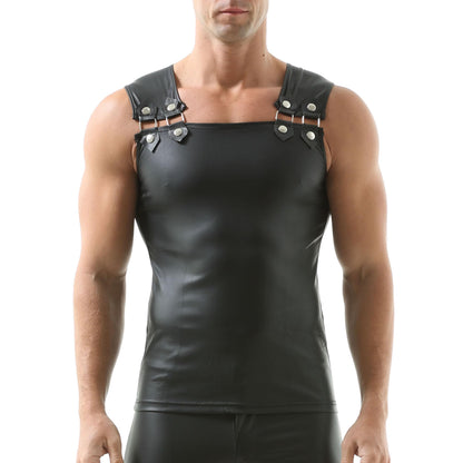 Men's Faux Leather Vest Sleeveless Undershirt Wet Look Tank Top Shirt Clubwear Black