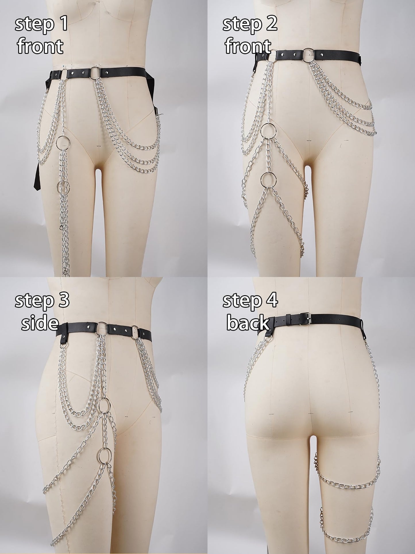Women's Adjustable Leather Belt with Leg Chain, Faux Leather Waist Harness with Alloy Rings, Punk Gothic Festival Outfit Accessory(Waist 25.6-35.4in)
