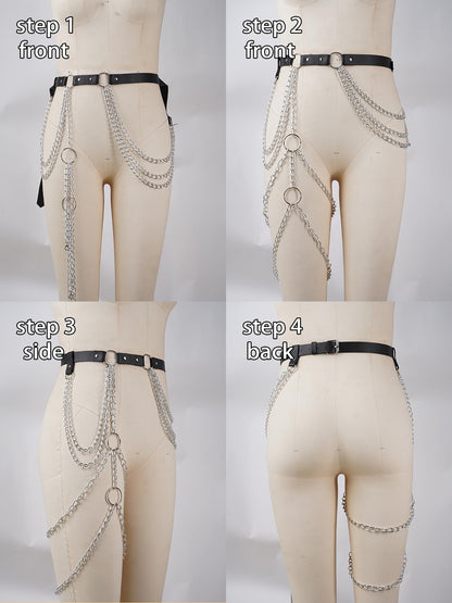 Women's Adjustable Leather Belt with Leg Chain, Faux Leather Waist Harness with Alloy Rings, Punk Gothic Festival Outfit Accessory(Waist 25.6-35.4in)