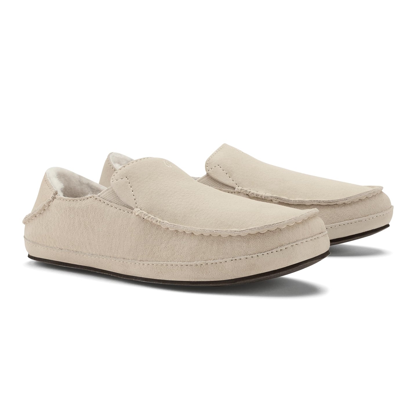 OLUKAI Nohea Slipper, Women's Slip-On Shoes, Genuine Shearling & Premium Nubuck Leather, Drop-in Heel Design, Cozy & Ultra-Soft Comfort Fit, Bone/Bone, 8