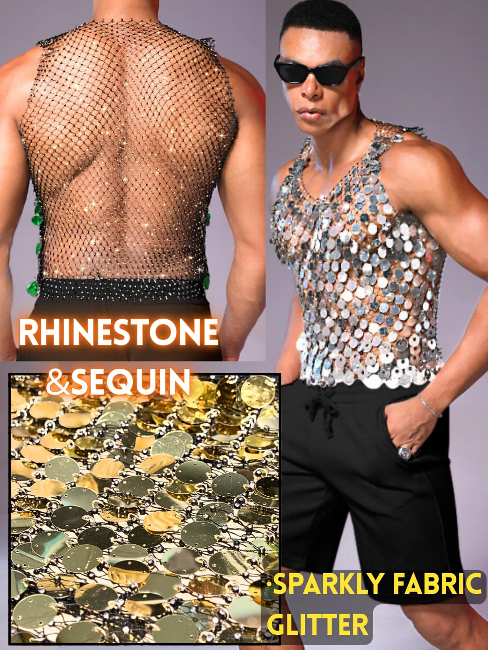 ChiaoLezhee Men's Big Sequin & Rhinestone Mesh Shirt for Rave, Sparkly Reflective Metallic Sexy Tank Top,Club Party Festival Outfits Summer Going Out Fishnet Glitter Sheer Sleeveless,Silver
