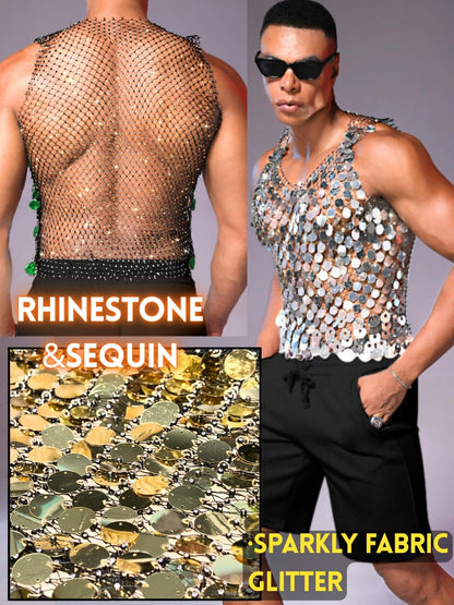 ChiaoLezhee Men's Big Sequin & Rhinestone Mesh Shirt for Rave, Sparkly Reflective Metallic Sexy Tank Top,Club Party Festival Outfits Summer Going Out Fishnet Glitter Sheer Sleeveless,Silver