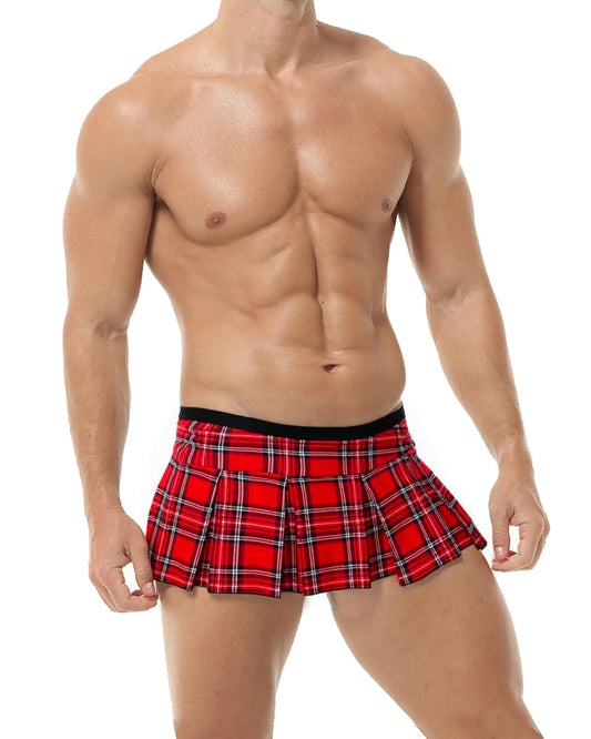 Men's Mini Plaid Skirt, Sexy Costume Pleated Skirt Sissy Lingerie Outfits for Schoolgirl Role-Playing (US, Alpha, One Size, Regular, Regular, Red)