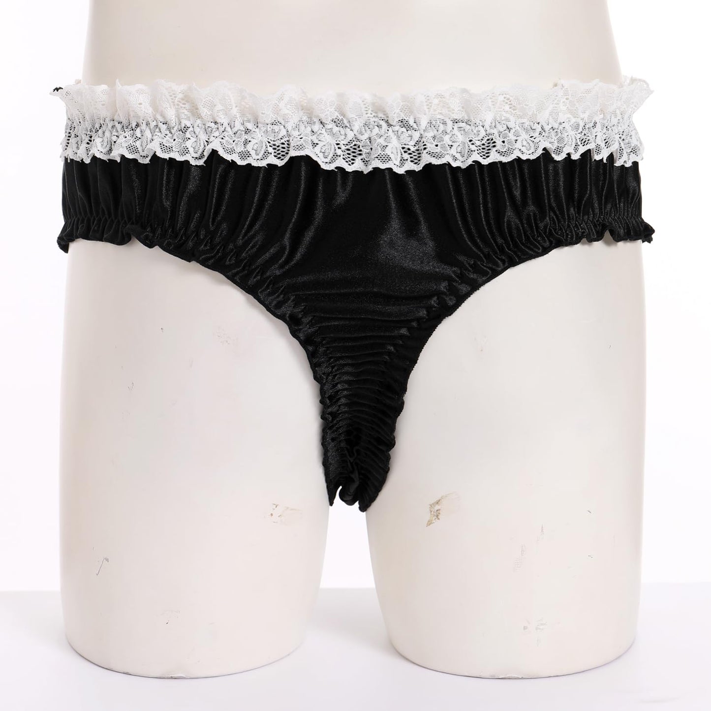 Men's Satin Frilly Lace Trim Sissy Bowknot Thong Panties Elastic Waist G-string Briefs Underwear Black X-Large