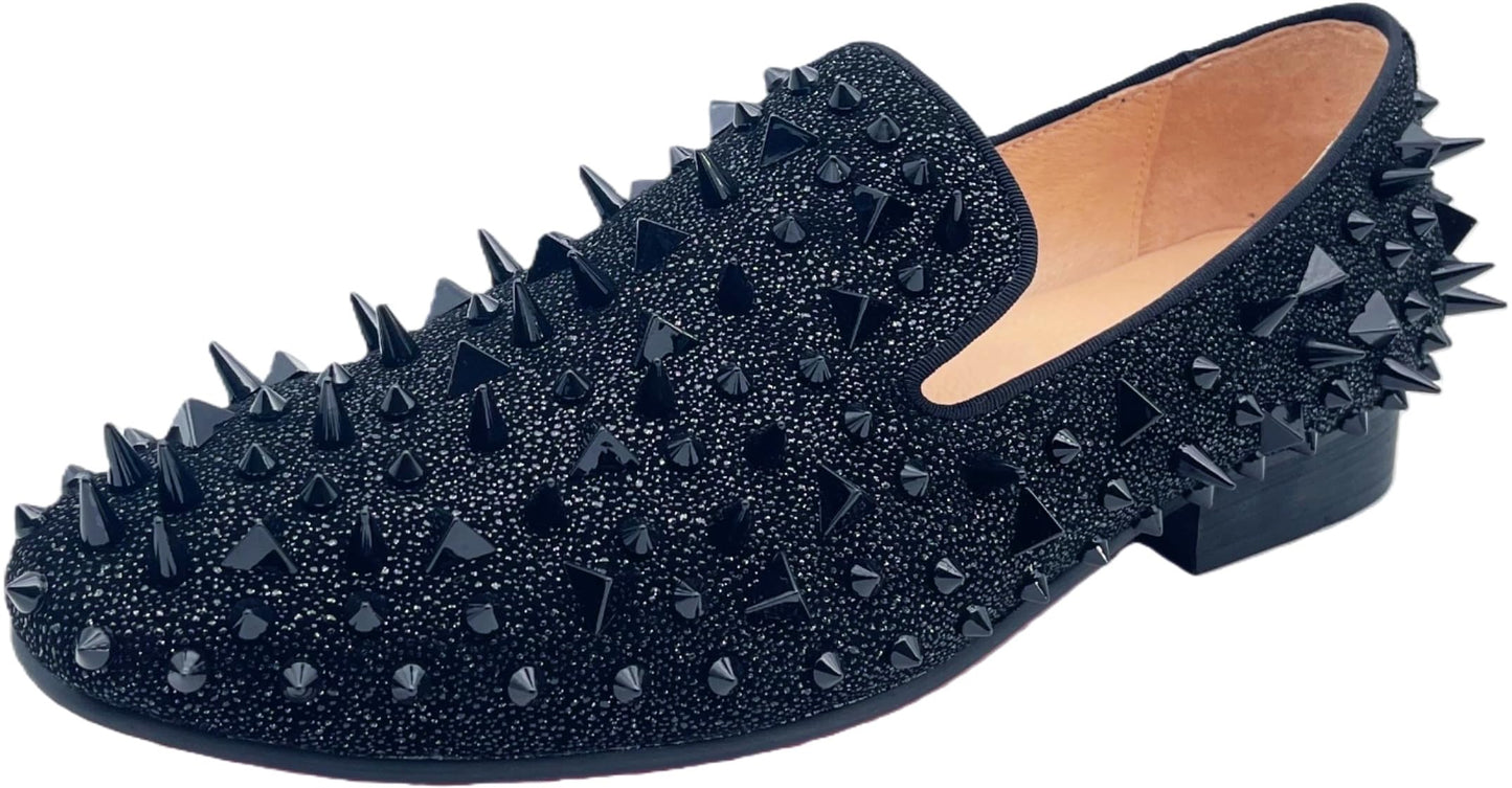 Justar Men's Leather Loafers Spikes Slippers Dress Shoes Slip-on Flats Party Shoes Black Gold (13, Black)