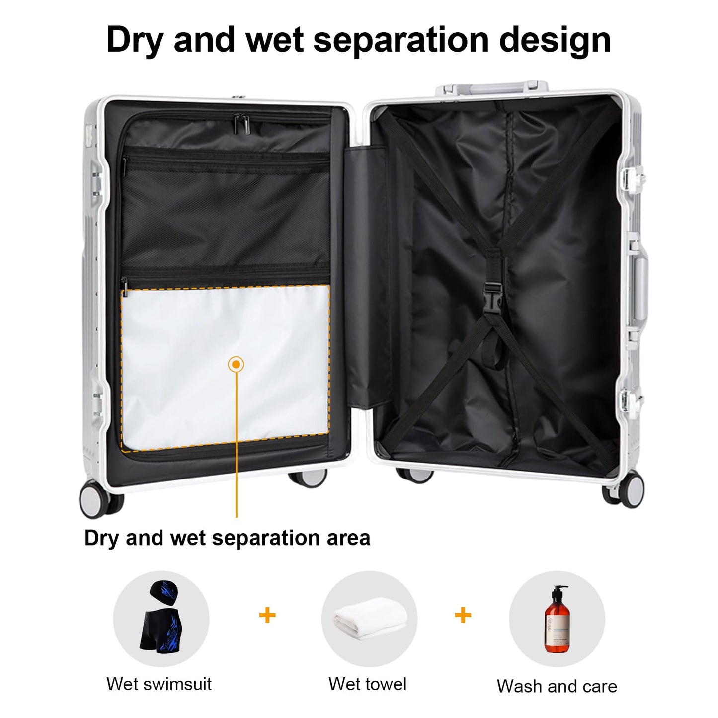 2-Piece Hardshell Zipperless Luggage Set, 20/26" Aluminum Frame Hardshell Spinner Luggage, Airline Approved Carry-On Luggage, TSA Lock, 360° Quiet Wheels With Cup Holder (silver)