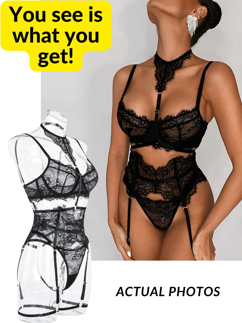 Garter Lingerie Set For Women, Sexy Floral Lace, Strappy High Waisted Hide Belly, 4 Piece With Exotic Choker Belt,Black,Small