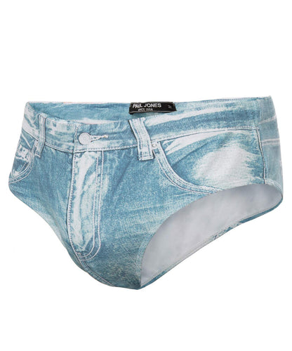 PJ PAUL JONES Men's Swimsuit Briefs Denim Print Swim Brief with Drawstring Waist Light Blue L