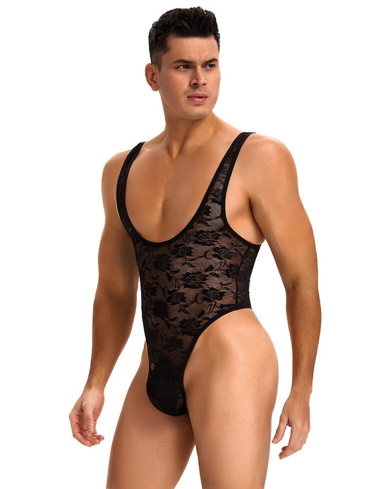 ohyeahlady Mens Lace One Piece Bodysuit Sheer Breathable Lingerie Sleepwear for Men Comfy Pouch Touch Sexy Jumpsuits Black L