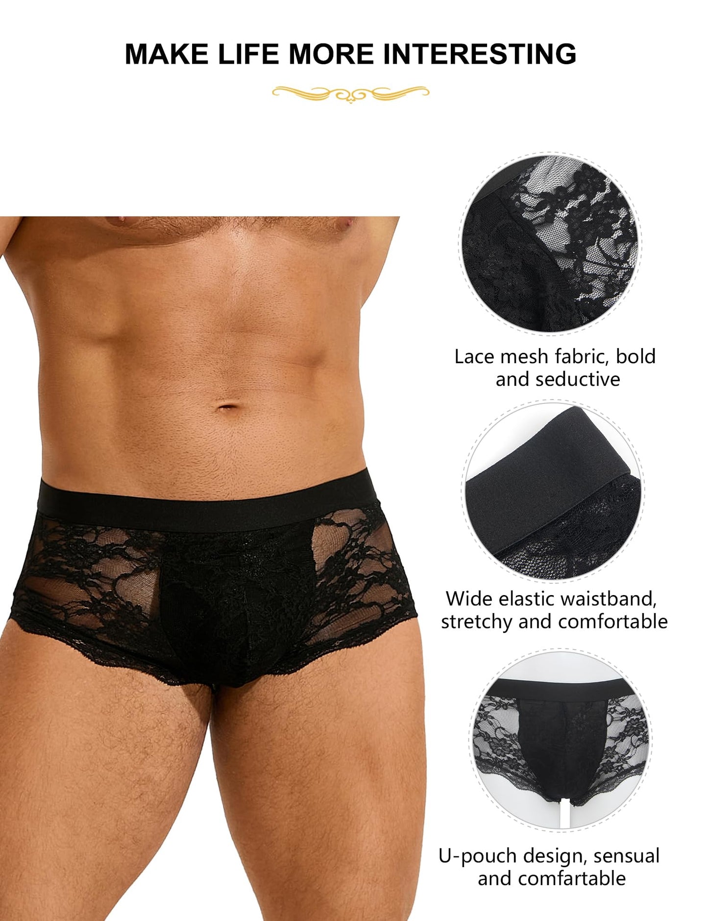 Mens Lace Underwear Low Rise Bulge Pouch Trunks Soft Boxer Briefs See Through Sexy Panties Lingerie for Men Cool Boxers Black S