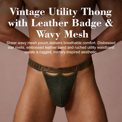 BSZN Men's Sexy Thong, Army Green Star Rivet Leather Waistband Mesh Lace Badge Pouch Ruched Side Mid Rise Sexy Lingerie from A-Night Authority Collection