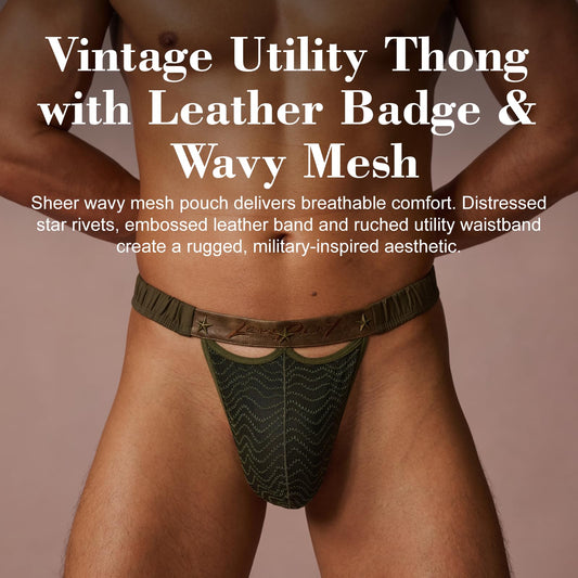 BSZN Men's Sexy Thong, Army Green Star Rivet Leather Waistband Mesh Lace Badge Pouch Ruched Side Mid Rise Sexy Lingerie from A-Night Authority Collection