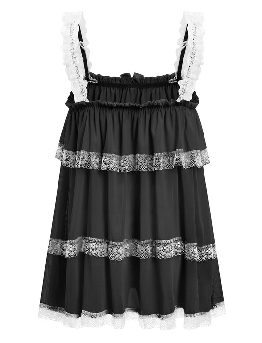 Men's Sissy Nightwear Baggy Mesh Sheer Lingerie Nightdress Ruffle Lace Trim Crossdressing Dress Black Medium