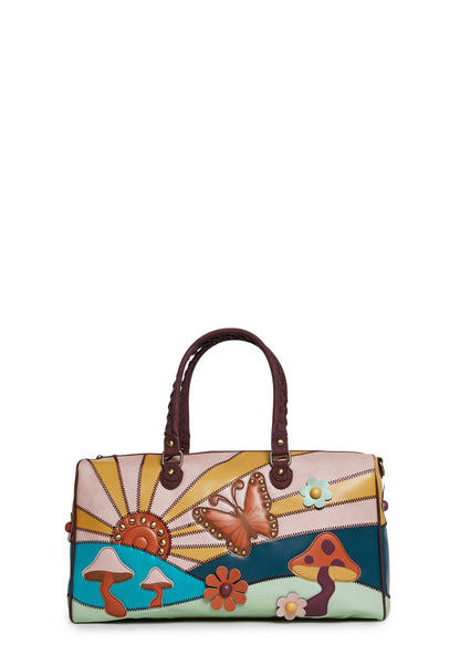 Dolls Kill Walking On Sunshine Weekender Bag by Current Mood – Vegan Leather Duffle with Sunset Mushroom Print & Embroidered Details, One Size