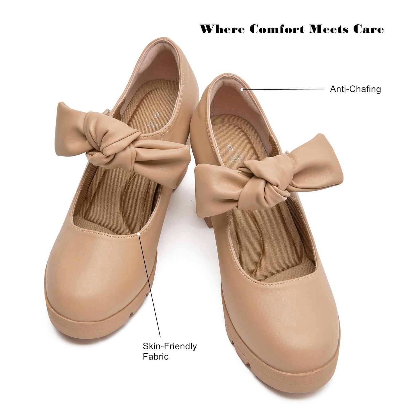 Women's Bow Heels Mary Jane Chunky Low Block Heels Pumps Comfortable Closed Round Toe Ankle Strap Wedding Evening Party Dress Shoes Nude US Size 5
