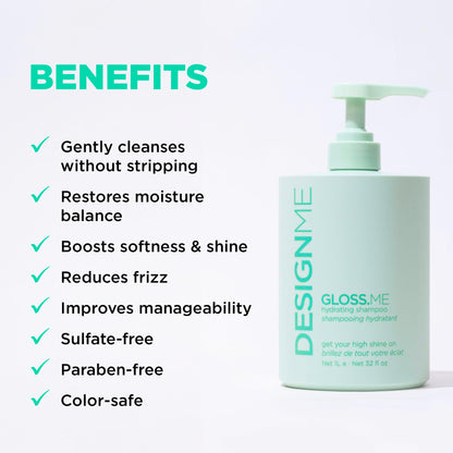 GLOSS.ME Hydrating Shampoo by DESIGNME | Hemp & Argan Oil Shampoo Adds Softness & Shine | Straight, Wavy, or Curly Hair | Color-Safe Moisturizing for Dry Hair (32 Fl Oz (Pack of 1))