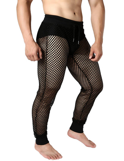 JOGAL Men's Mesh Fishnet See Through Pants Stretchy Muscle Leggings Large Black