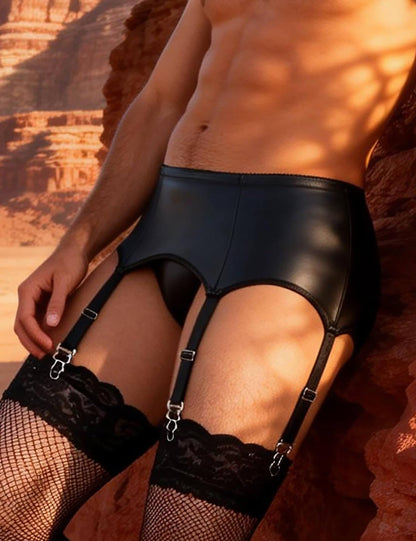 Men's PU Leather Garter Belt with Thong Suspenders with 6 Straps Clips Garter Belts for Thigh Highs Stockings
