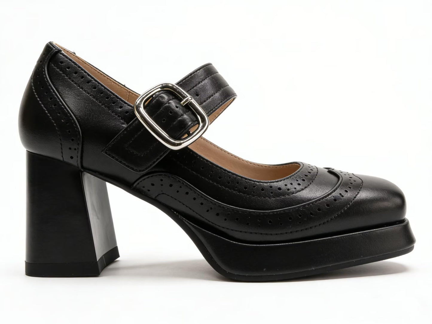 Platform Mary Jane Heels for Women Chunky Low Block Heels Patent Mary Jane Round Toe Pumps with Buckle Strap Retro Fashion Closed Toe Dress Shoes