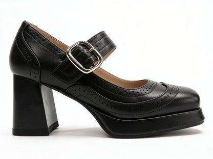 Platform Mary Jane Heels for Women Chunky Low Block Heels Patent Mary Jane Round Toe Pumps with Buckle Strap Retro Fashion Closed Toe Dress Shoes