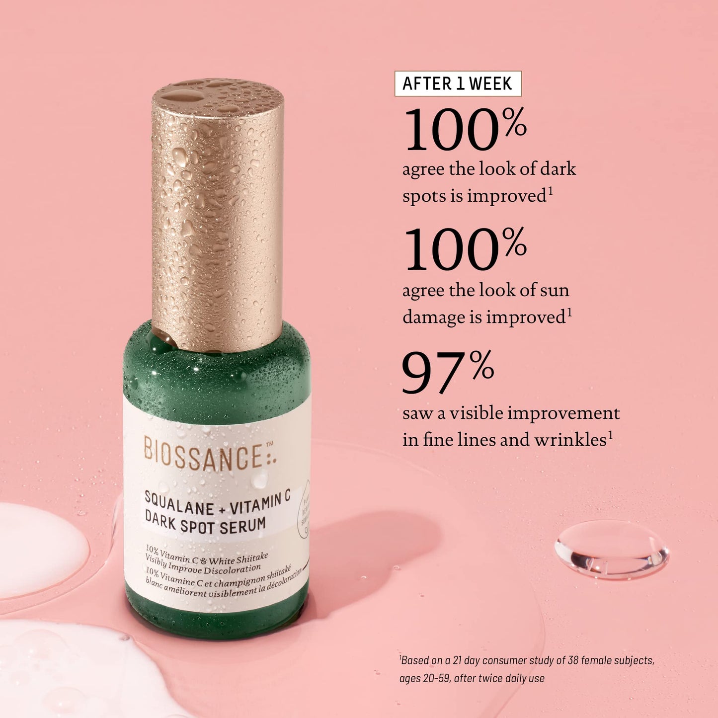 Biossance Squalane + Vitamin C Dark Spot Face Serum – 10% Vitamin C Serum & White Shiitake – Hydrating, Fragrance-Free, Non-Irritating, for Daily Use for All Skin Types, 1.01 Fl Oz