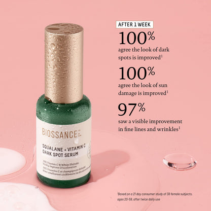 Biossance Squalane + Vitamin C Dark Spot Face Serum – 10% Vitamin C Serum & White Shiitake – Hydrating, Fragrance-Free, Non-Irritating, for Daily Use for All Skin Types, 1.01 Fl Oz