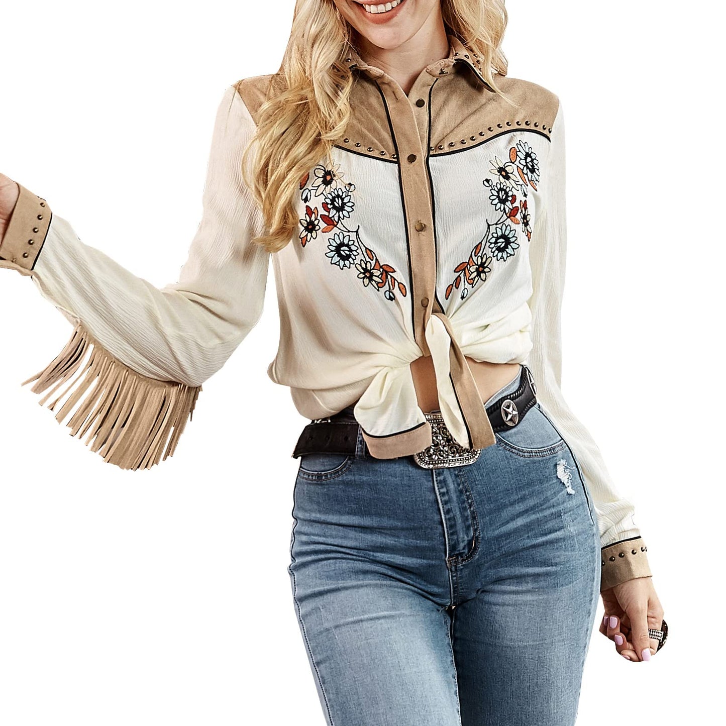JOHN MOON Women's Embroidered Western Long Sleeve Buttons Down Shirts Collared Retro Casual Blouses