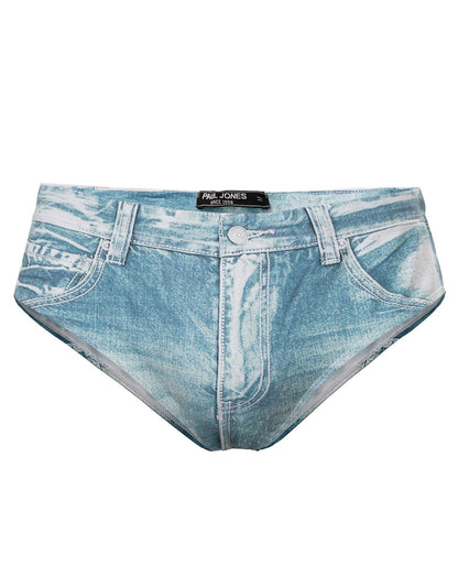 PJ PAUL JONES Men's Swimsuit Briefs Denim Print Swim Brief with Drawstring Waist Light Blue L