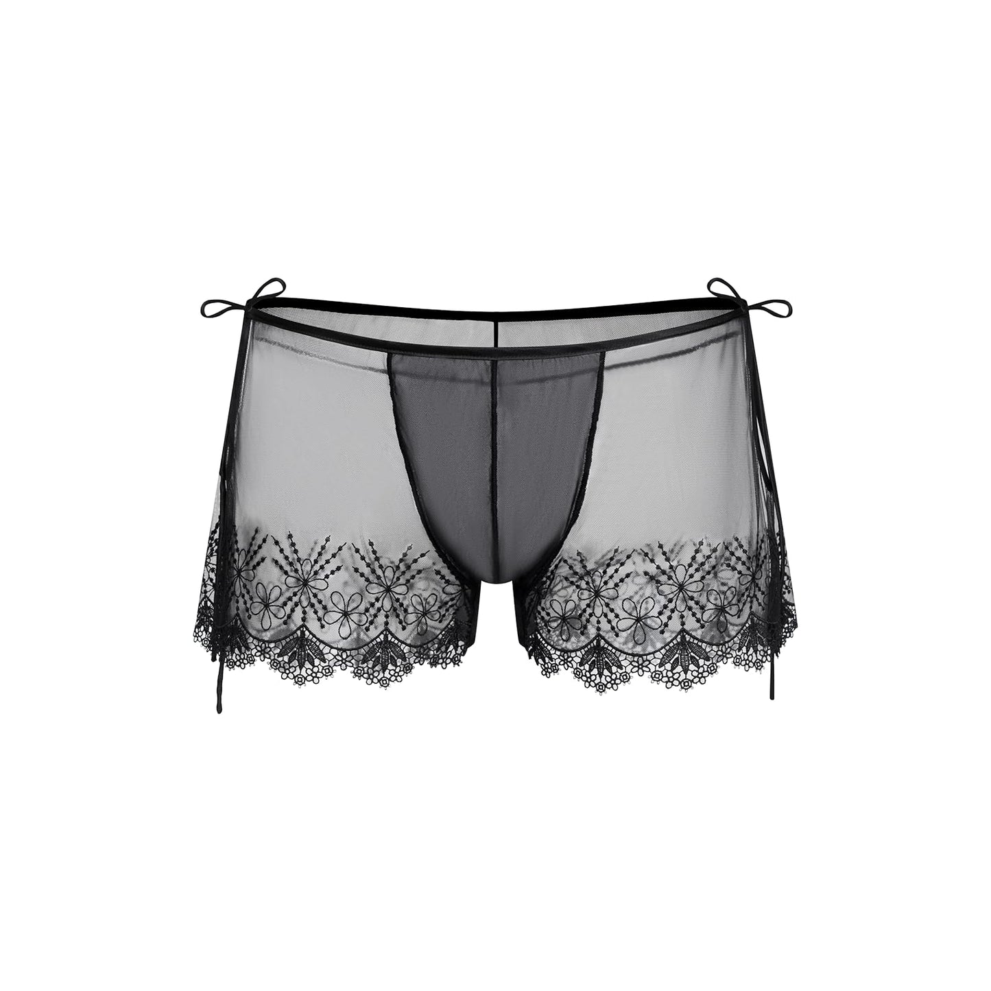 BSZN Men's Sexy Boxer Shorts, Black Floral Lace Embroidery Side Tie Adjustable Waist Sheer Mesh Contoured Pouch Ultra Thin Sexy Lingerie