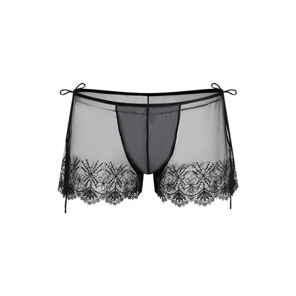 BSZN Men's Sexy Boxer Shorts, Black Floral Lace Embroidery Side Tie Adjustable Waist Sheer Mesh Contoured Pouch Ultra Thin Sexy Lingerie