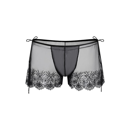 BSZN Men's Sexy Boxer Shorts, Black Floral Lace Embroidery Side Tie Adjustable Waist Sheer Mesh Contoured Pouch Ultra Thin Sexy Lingerie