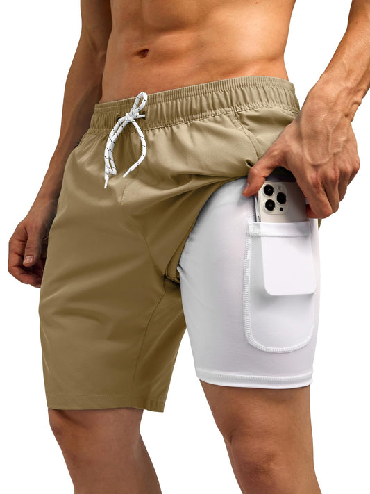 SILKWORLD Quick Dry 9" Mens Swimming Trunks with Zip Pockets Side-Slit Athletic Shorts Compression Lined Swimsuit,Khaki,X-Large
