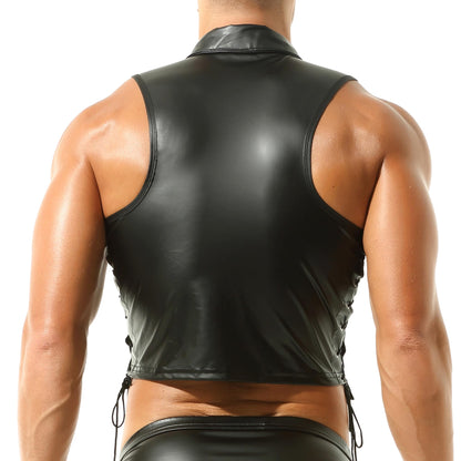 Mens Faux Leather Vest Sleeveless Tops Wet Look Undershirt Round Neck Shirt Clubwear