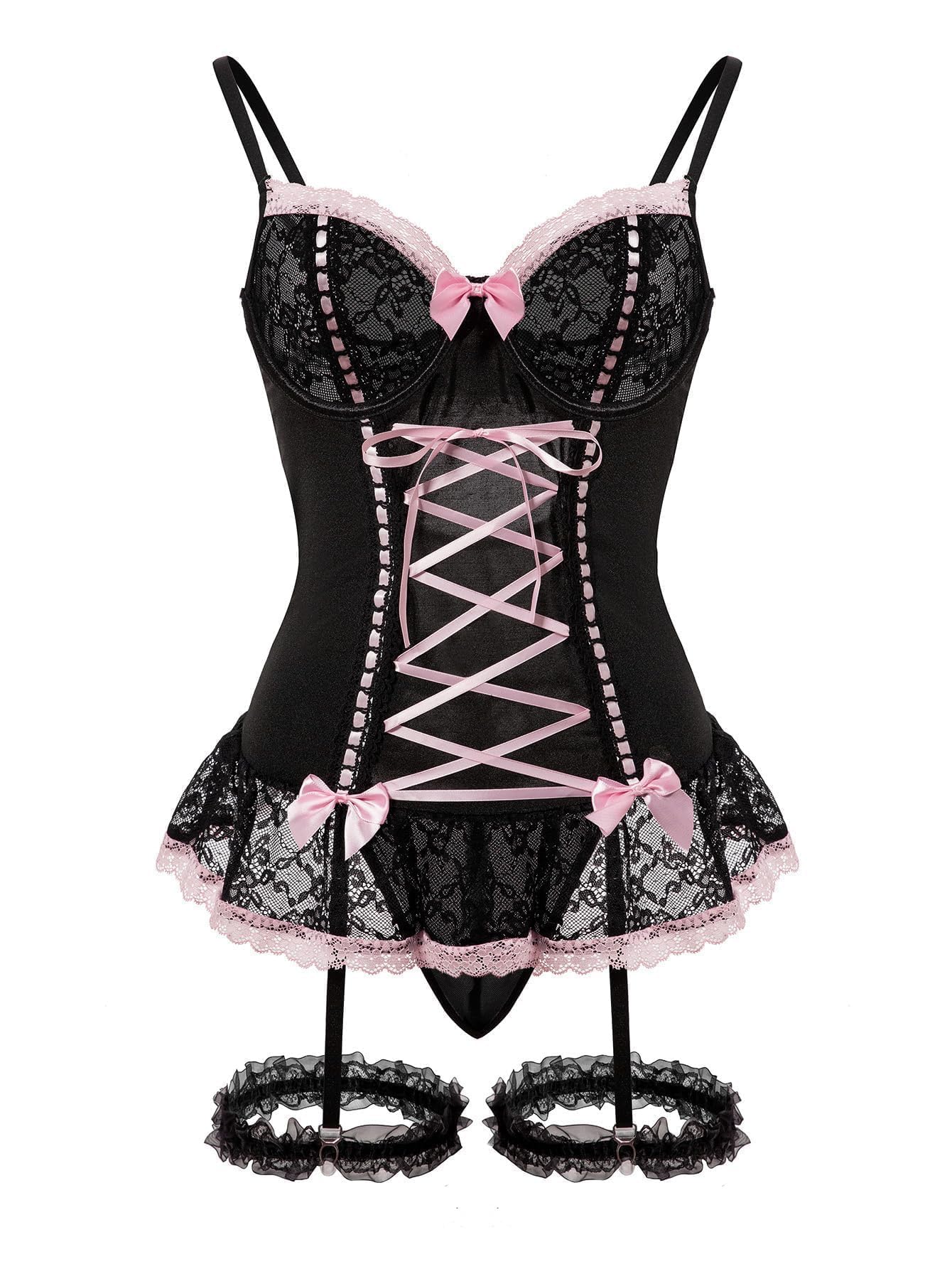 Women's Underwire Lace Corset Bustier Lingerie Set Black M