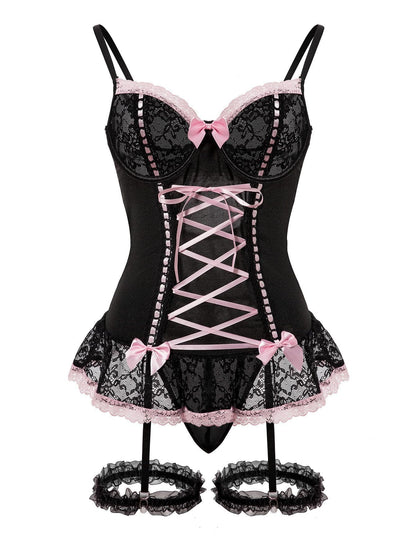 Women's Underwire Lace Corset Bustier Lingerie Set Black M