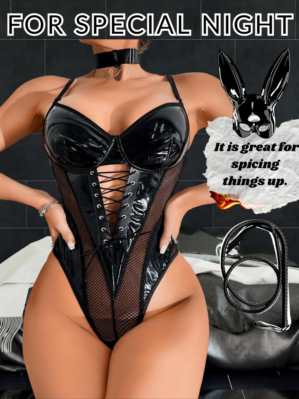 Rave Outfits Bodysuit Tops, Fishnet Corset Body Suit, Sexy Lingerie For Women, Faux Leather Festival Goth,Black,Small