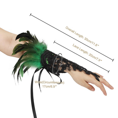 Rulala Fancy Feather Lace Gloves Gothic Long Sleeved Wrist Cuffs Women Halloween Costume(Green)