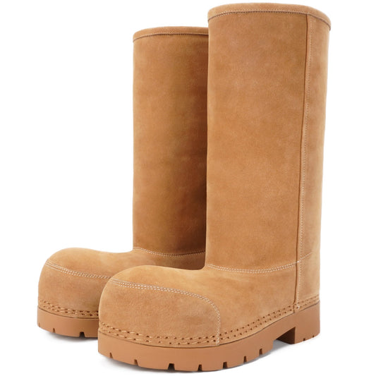 LACIKOSZ Faux Suede Platform Fuzzy Snow Boots Round Toe Hippy Winter Boots Slip On Knee High Chunky Heel Fur Tall Boots for Women