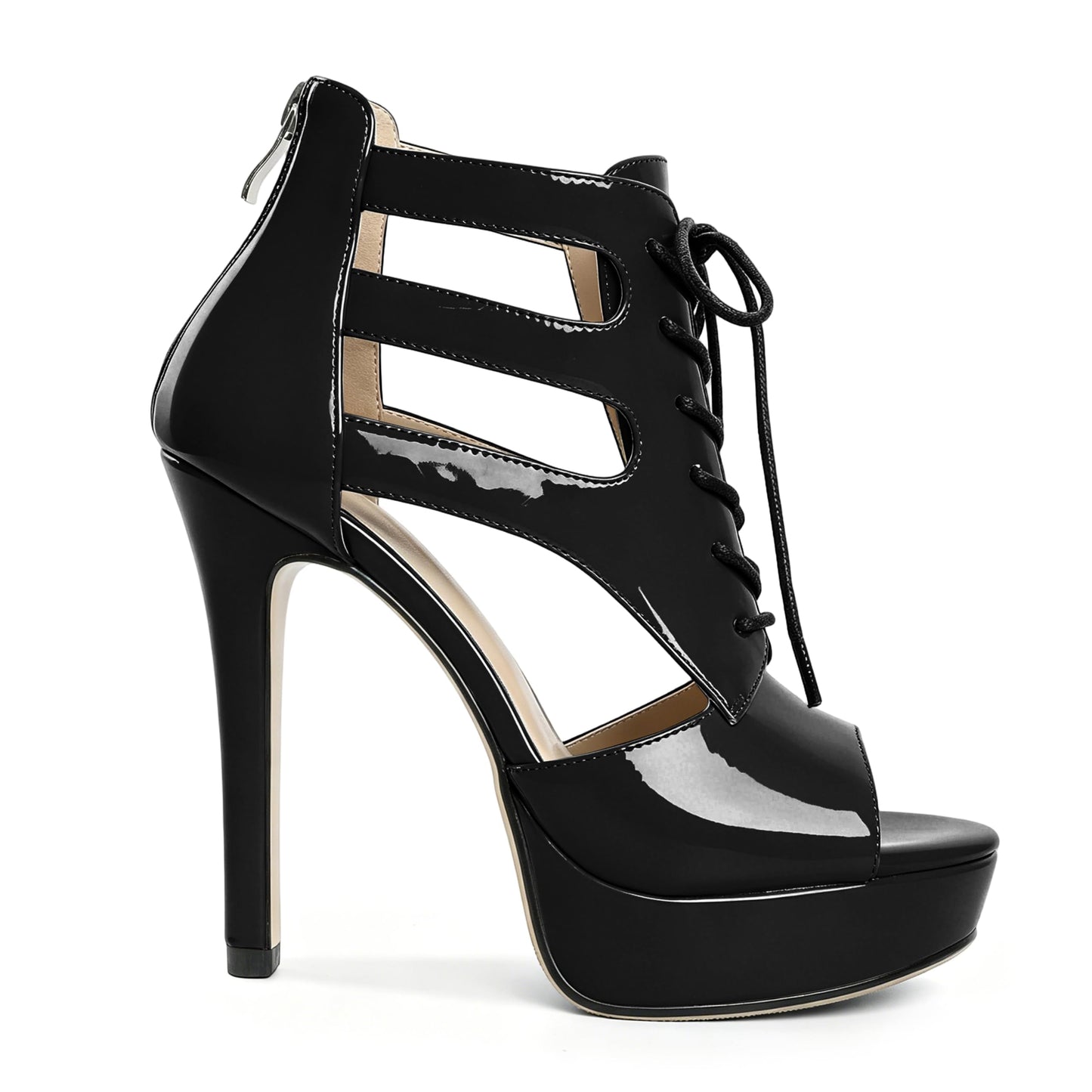 Platform Heels for Women Peep Toe Stiletto High Heeled Sandals Lace Up Strappy Pumps Sexy Wedding Dress Shoes with Zipper 4.7 Inch Black US Size 11