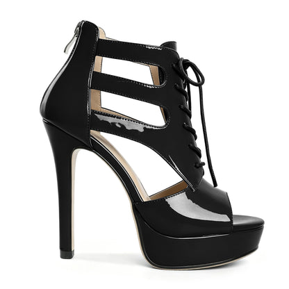 Platform Heels for Women Peep Toe Stiletto High Heeled Sandals Lace Up Strappy Pumps Sexy Wedding Dress Shoes with Zipper 4.7 Inch Black US Size 11