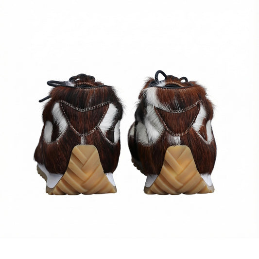 Women's Genuine Cow Hair Sneakers Natural Fur Chunky Calf Hair Dad Shoes Western Y2K Platform Casual Walking Cowhide Shoes Retro Thick Sole Cushioned Trainers Brown White