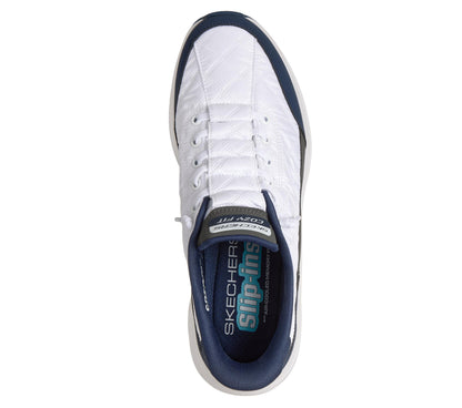 Skechers Men's Contour Foam Cozy Fit Hands Free Slip-in Sneaker,White/Navy,11.5