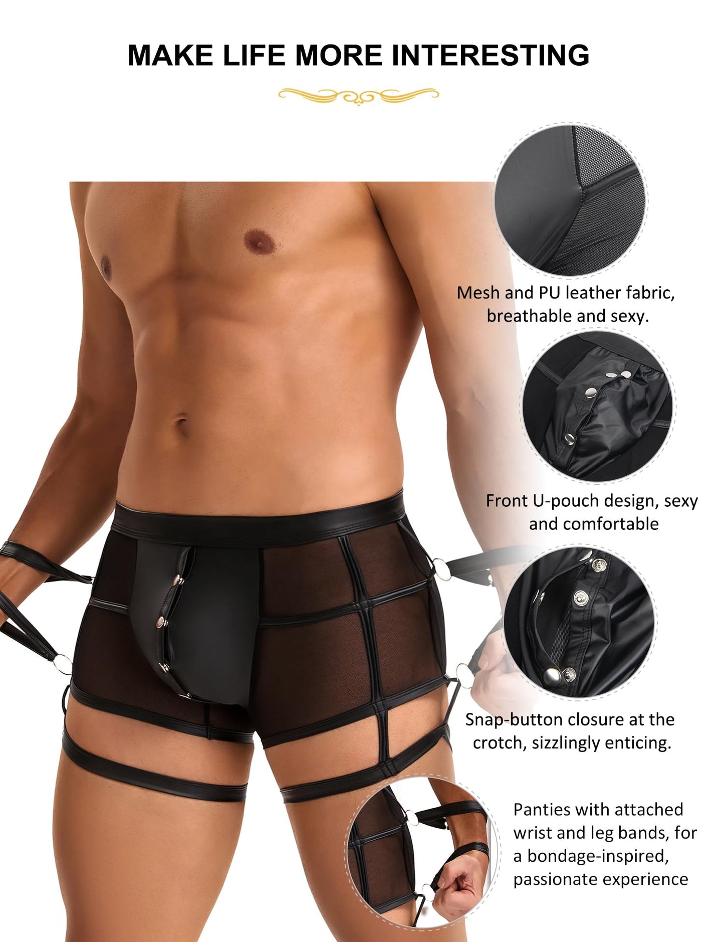 Mens Underwear Boxer Briefs, Sexy Underwear Mesh Boxer For Men Open Front Bulge Pouch -Intimate Panties With Handcuff - Harness Straps- Lingerie Black