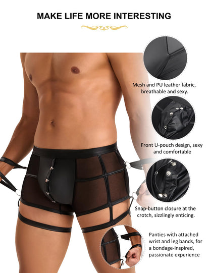 Mens Underwear Boxer Briefs, Sexy Underwear Mesh Boxer For Men Open Front Bulge Pouch -Intimate Panties With Handcuff - Harness Straps- Lingerie Black