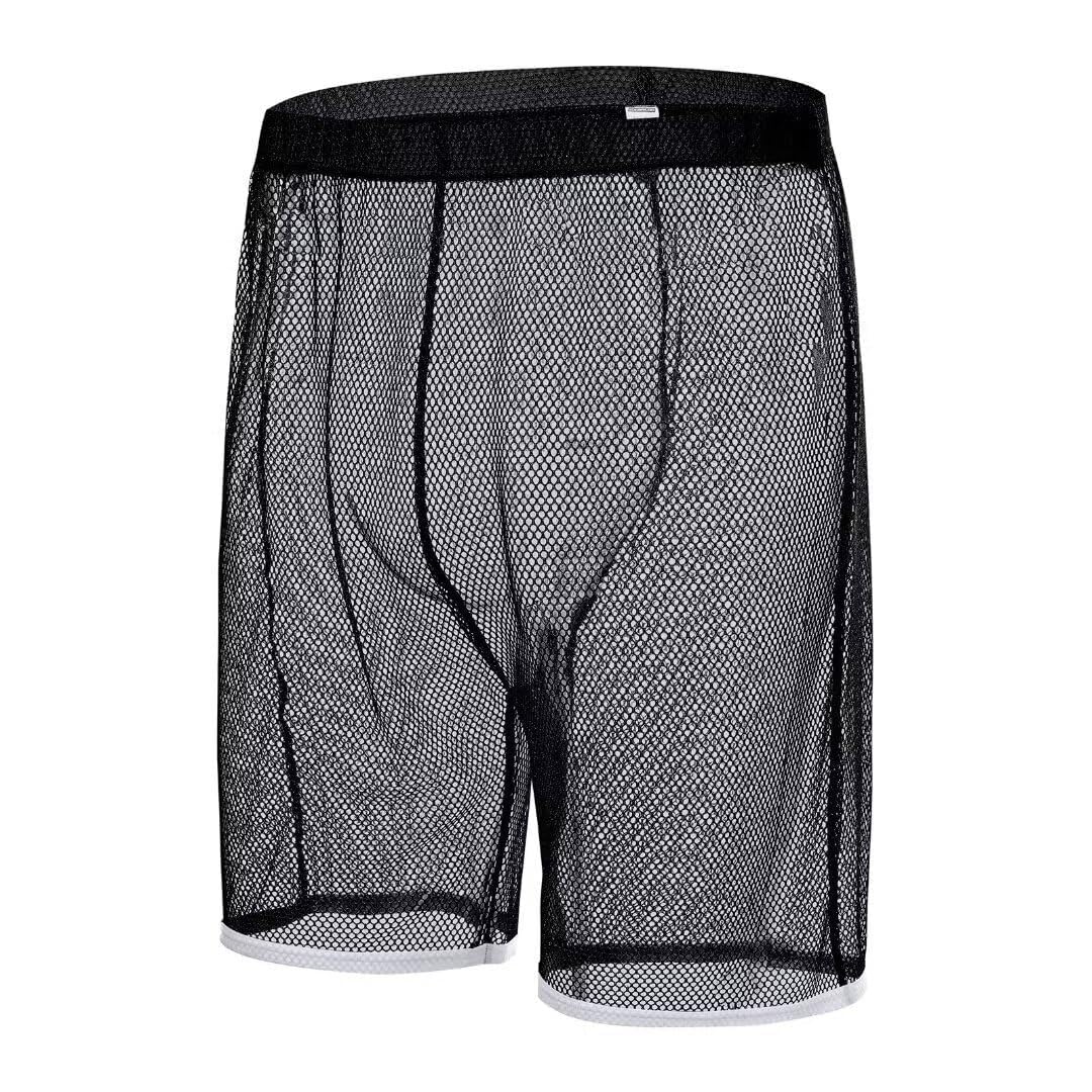 Men's Sparkly Sheer Mesh Boxer Shorts See Through Fishnet Underwear Trunks Lounge Pajama 1 Pack of Black XL