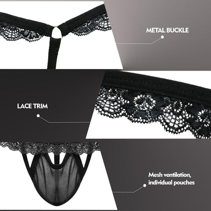 Men's Sissy Gay Bikini Briefs Sexy Lace Thongs T Back Bulge Pouch Panties Ultra G-String Thong Underwear(Black-L)